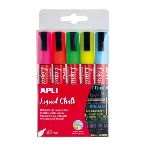 APLI ROTULADOR DE TIZA LIQUIDA PACK 5 COLORES SURT. 5,5MM.